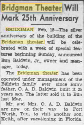Bridgman Theatre - Feb 15 1947 Article (newer photo)